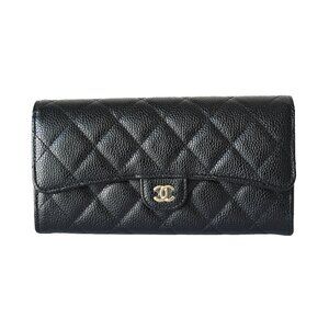Chanel CC Quilted Caviar Continental Large Gusset Flap Wallet Gold Hardware Blac